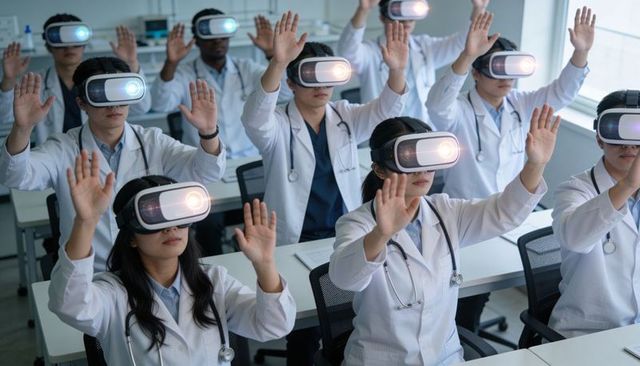 Medical trainees wearing vr headsets raising hands in immersive clinical simulation