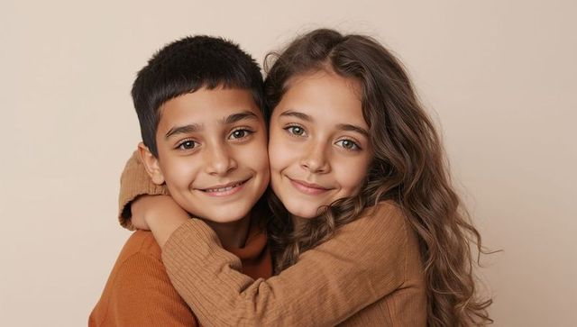Brother and sister hugging closeup in warm brown sweaters studio portrait on soft beige backdrop