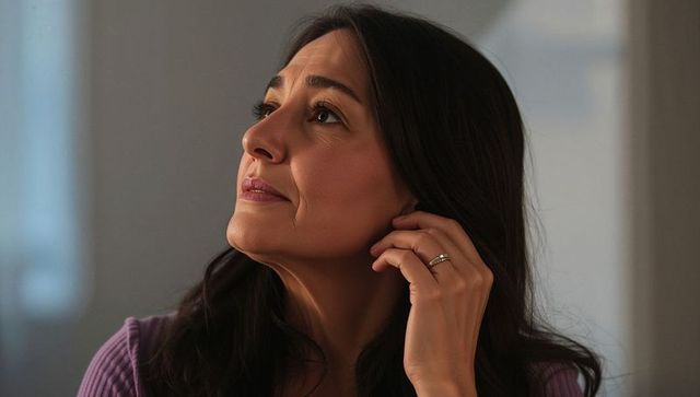 Contemplative woman gazing toward window touching hair wearing wedding ring soft light