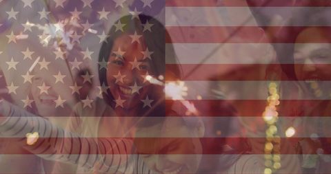 Multicultural friends celebrating with american flag overlay