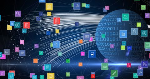 Futuristic Data Streams and Binary Globe with Technology Icons - Download Free Stock Images Pikwizard.com