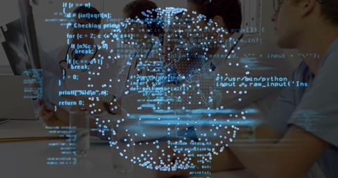 Team analyzing documents with futuristic data overlay