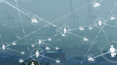 Digital Network Icons Over Urban Port Cityscape