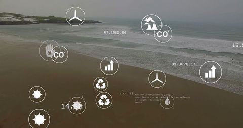 Coastal landscape with eco icons and digital data visualization