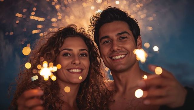 Happy Couple Enjoying Night Celebration with Sparkling Fireworks