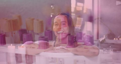 Woman relaxing in spa with medical lab overlay