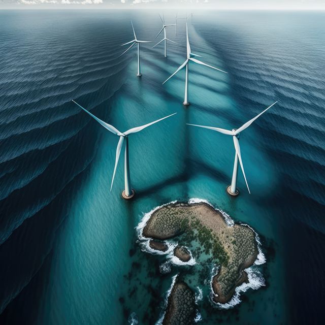 A series of offshore wind turbines stand in the ocean, aligned near a small island. The image highlights the harmony between renewable energy infrastructure and natural landscapes. Use this for topics related to renewable energy, environmental conservation, sustainable power sources, and eco-friendly initiatives.