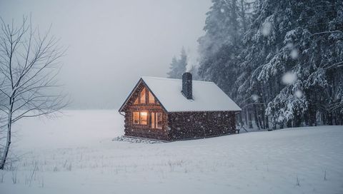 Cozy timber cabin glowing through falling snow in pine forest clearing at twilight