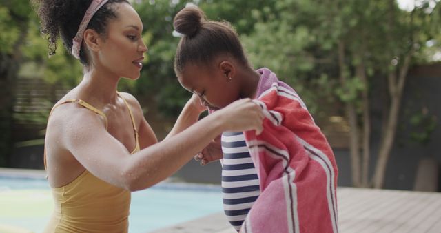 Mother Drying Daughter After Swim by Poolside - Download Free Stock Images Pikwizard.com