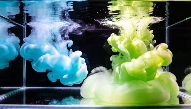 Billowing turquoise and chartreuse dye plumes flowing in glass aquarium with reflections