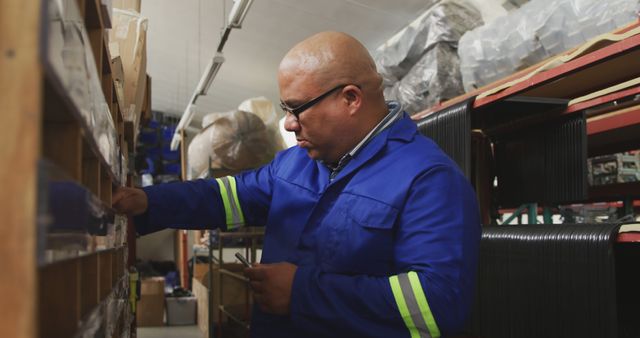 Shows male warehouse worker inspecting inventory on shelves, perfect for depicting logistics and storage operations. Ideal for use in articles, advertisements, training materials, and educational content related to supply chain, warehouse management, and industrial occupations.