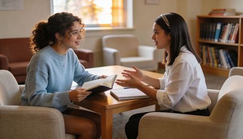 Students collaborating and discussing notes in cozy campus lounge