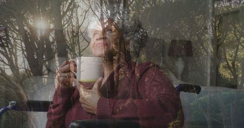 Elderly Woman Enjoying Tranquil Morning Indoors with Nature View