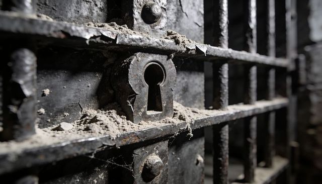 Rusting iron keyhole on decaying jail bars with dust and cobwebs