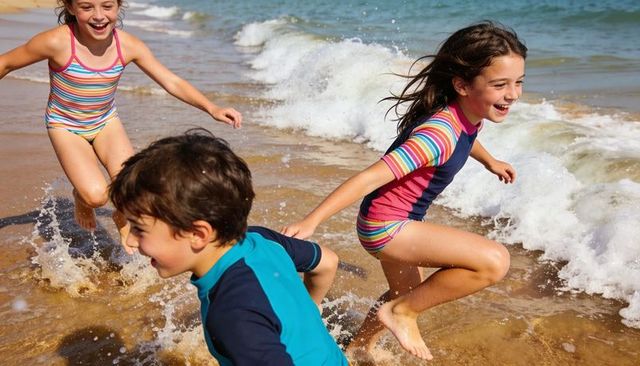 Children running and splashing in shallow surf wearing colorful rash guards and swimsuits