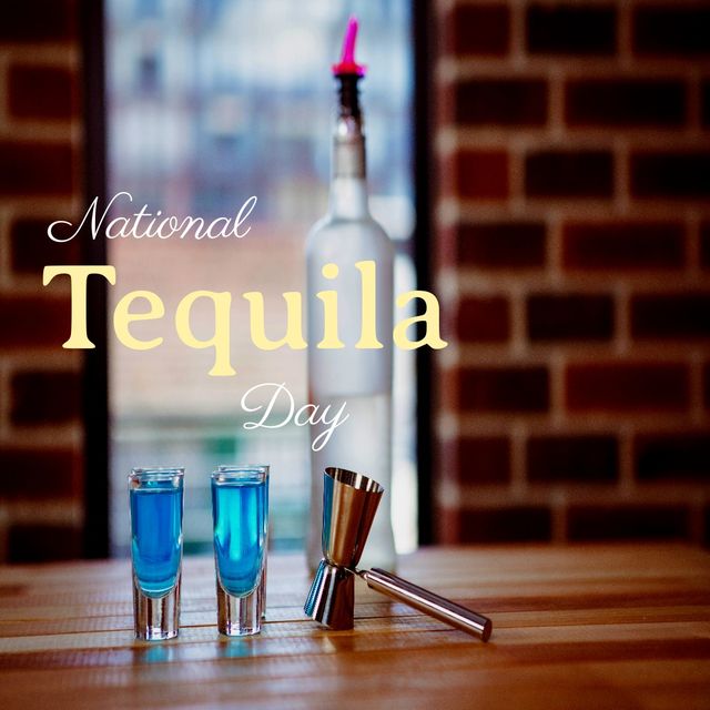 Celebrating National Tequila Day with Shots and Bottle in Bar - Download Free Stock Templates Pikwizard.com