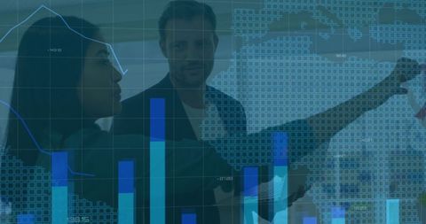 Collaborators analyzing data with technology overlay