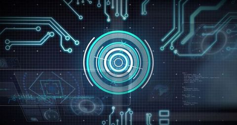 Glowing Concentric HUD Radar Interface Rotating on Cyber Circuit Grid for Tech Visualization