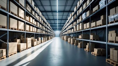 Spacious Warehouse Aisle with Steel Shelving and Cardboard Boxes - Download Free Stock Images Pikwizard.com