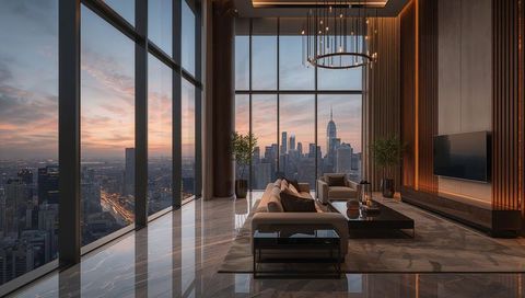 Panoramic skyline penthouse living room with marble floors and modern chandelier at sunset
