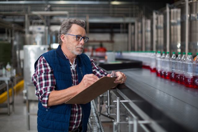 Male factory worker maintaining record on clipboard in drinks production factory