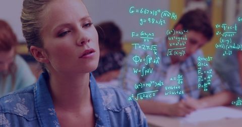Student contemplating mathematical equations with virtual interface