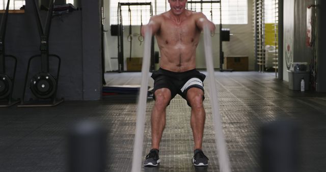 Image of a shirtless man exercising with battle ropes in a gym. Man is focusing on his workout, showcasing physical strength and determination. Ideal for use in fitness-related content, advertisements for gyms, or health and wellness promotions. Perfect for brands focusing on physical fitness, training routines, and active lifestyles.