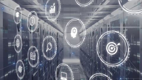 Network of Digital Icons Over Modern Data Center with Connections