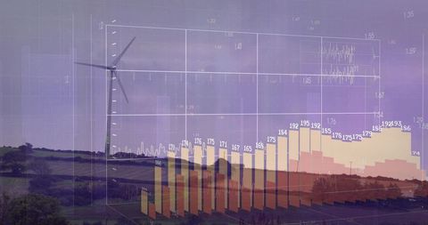 Wind Turbine Over Rolling Hills With Translucent Charts Showing Renewable Energy Growth