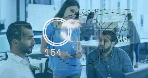 Team Collaborating Around Data Dashboards with Augmented Analytics Overlays in Modern Office