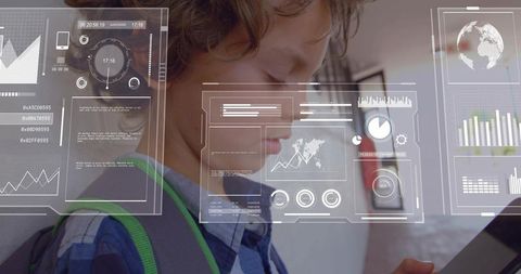 Young student using tablet with augmented reality data overlays in school hallway learning