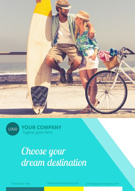 Couple Promoting Romantic Beach Adventures with Surfboard and Bike - Download Free Stock Templates Pikwizard.com