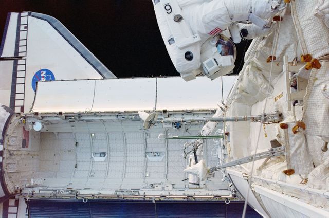 STS088-353-008 (4-15 Dec. 1998) --- Astronaut James H. Newman, mission specialist, translates along a hand rail on the Russian-built Zarya Module in this Extravehicular Activity (EVA) photograph taken by astronaut Jerry L. Ross, mission specialist.  Ross and Newman shared three space walks altogether to perform cable connection tasks and to put finishing touches on the exteriors of the recently-joined Zarya and the United States-built Unity (Node 1) modules.  Unity is partially visible beneath Zarya, as is most of the cargo bay of the Space Shuttle Endeavour.  The Canadian-built Remote Manipulator System (RMS) arm is partially visible, also.