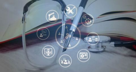 Stethoscope on book with digital business and medicine icons