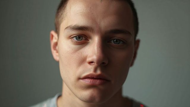 Sidelit young man headshot showing natural skin texture and calm neutral expression closeup