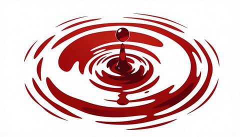 Crimson droplet creating glossy splash and concentric ripples on white backdrop