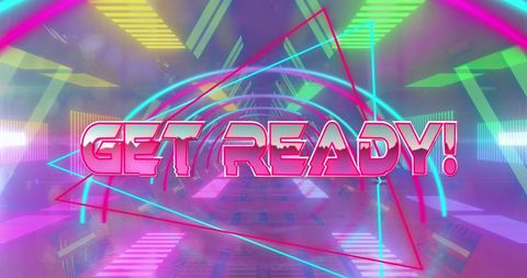 Vibrant retro futuristic digital tunnel and ready text