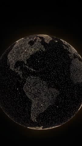 Vertical 3D Earth rotating over Atlantic showing glowing data points and global network
