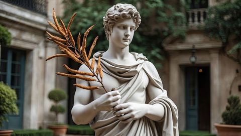 Classical marble statue holding branch in formal courtyard