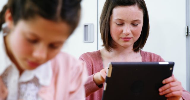 Two Schoolgirls Studying with Tablet and Notebook in Classroom - Download Free Stock Images Pikwizard.com