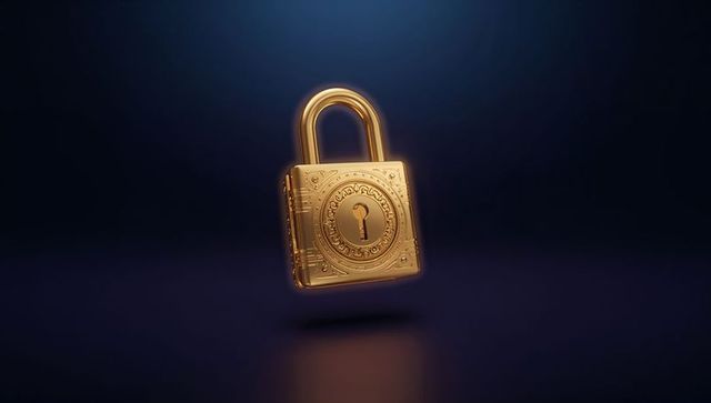 Floating ornate gold padlock over dark reflective surface with intricate keyhole medallion