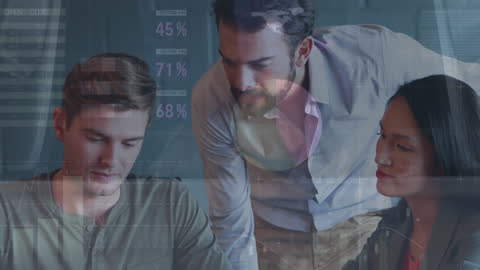 Diverse Team Analyzing Digital Data Metrics in Modern Office