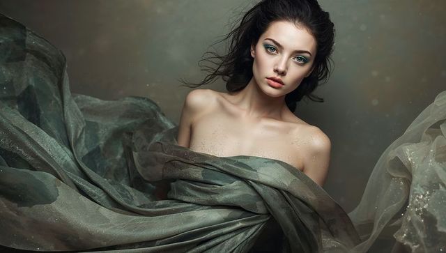 Ethereal model draping green-gray chiffon with glitter for moody editorial portrait