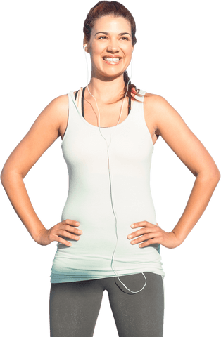 Smiling Female Runner with Earphones on Transparent Background