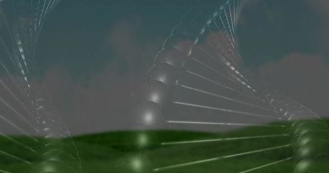 Translucent dna helices arching over moody meadow, surreal spiral landscape