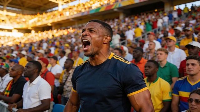 Shouting fan celebrating goal in packed stadium, energetic daytime crowd reaction