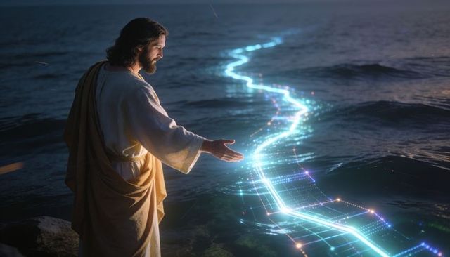 Bearded man in robe reaching toward glowing neon pathway on water at dusk spiritual tech