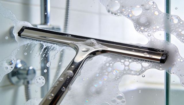 Cleaning glass shower with stainless steel squeegee, soap suds and iridescent bubbles