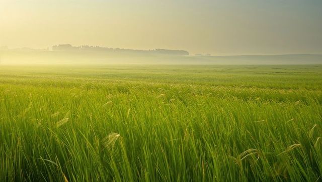 Swaying green grass stretching across misty rural plain at golden hour