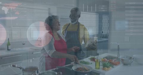 Senior Couple Cooking with Futuristic Data Overlay